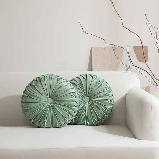 HIG Set of 2 Decorative Round Pleated Throw Pillows, Classy Accent Pumpkin Throw Pillows with Center Button, Vintage Velvet Floor Pillows for Sofa Vanity Chair Bed, Sage, 14.5" Diameter(Ripple)