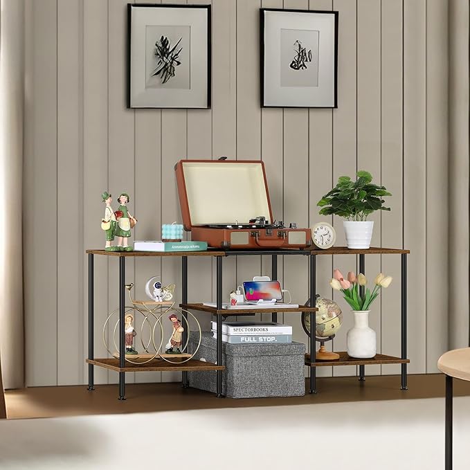 OYEAL Small TV Stand for Bedroom up to 50 inch Farmhouse TV Media Entertainment Center with Power Outlets & Storage Shelf Rustic TV Console Table for Living Room, Rustic Brown