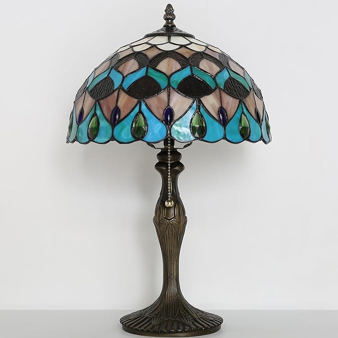 Tiffany Lamp Stained Glass Table Lamp Bedside Reading Lamp 12 x 19” Blue Phoenix Tail Style Decorative Lamp for Desk Study Living Room Bedroom Office Decor Gift