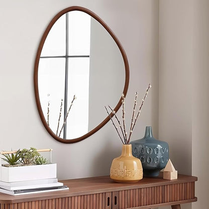 Irregular Wall Mirror, 31.5"x23.5" Wood Farmhouse Asymmetrical Mirror, Wall Mounted Bathroom Mirrors for Bedroom, Entryway, Living Room, Bathroom, Walnut