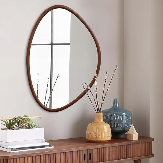 Irregular Wall Mirror, 31.5"x23.5" Wood Farmhouse Asymmetrical Mirror, Wall Mounted Bathroom Mirrors for Bedroom, Entryway, Living Room, Bathroom, Walnut