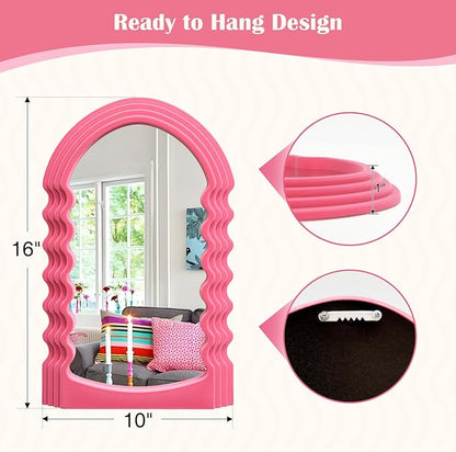 Wavy Wall Mirror for Living Room Decor, Velvet Finish Funky Wall Mounted Mirror for Girly Bedroom Decoration, Cute Hanging Sculpture Home Accent for Dining Room Kitchen (Pink)