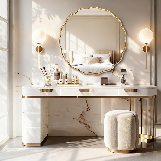 Gold Round Wavy Mirror 30 Inch ，Circle Bathroom Vanity Mirror Mental Frame Decorative Wall Mounted Mirror for Bedroom Living Room