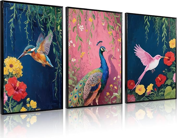 Aurlan Colorful Birds Flowers Framed Wall Art(16"x24"), 3PCS Large Classic Elegance Hummingbird Peacock Canvas Artwork, Vintage Abstract Watercolor Peony Floral Willow Decor for Home Office Bedroom
