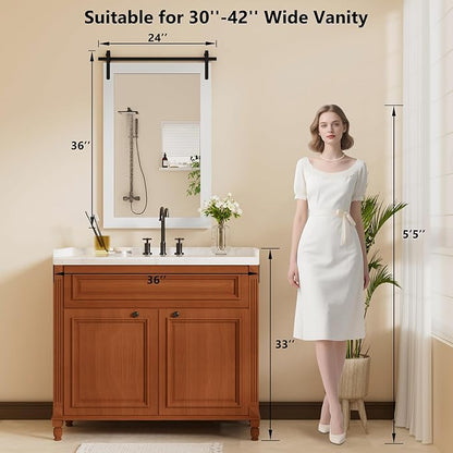 Farmhouse Bathroom Mirror, White Rustic Square Mirror for Wall Wood Framed Vanity Mirrors, Barn Door Style Decor Living Room Entryway Bedroom Mirrors, 24x36INCH (Hanging/Leaning)