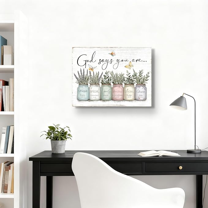 Inspirational Bible Verse Wall Art God Says You Are Sayings Wall Decort Christian Gift Quotes Painting scripture Pictures Print Flowers in Mason Jar Poster for Women Girls Bedroom(16x12 Canvas)