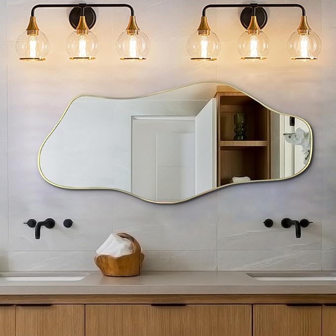 Irregular Wall Mirror, 40"x17.7" Gold Asymmetrical Frameless Mirror, Modern Organic Shaped Mirrors for Living Room Bedroom Hallway Entryway, Horizontal or Vertical Hanging