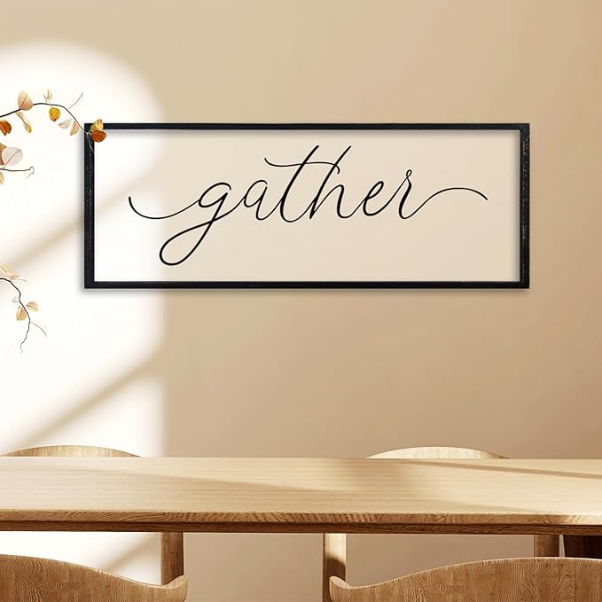 comurdyo Dining Room Gather Wall Art Decor Sign 32"×12" for Modern Home Minimalist Rustic Farmhouse Gathering Living Room Large Wall Plaque Horizontal Hanging (Black)