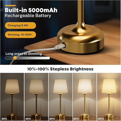 Cordless Table Lamp, Small Table Lamp 5000mAh Rechargeable Table Lamp Battery Operated Touch Lamp Fabric Shade Stepless Dimmable Bedside Lamps for Bedroom, Living Room, Dining Room