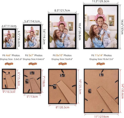 Giftgarden 16 Pack Black Picture Frames for Multi Sizes Photos, Assorted Set Including Two 11x14, Two 8x10, Six 5x7, Six 4x6, Gallery Collage Frame for Wall or Tabletop Display