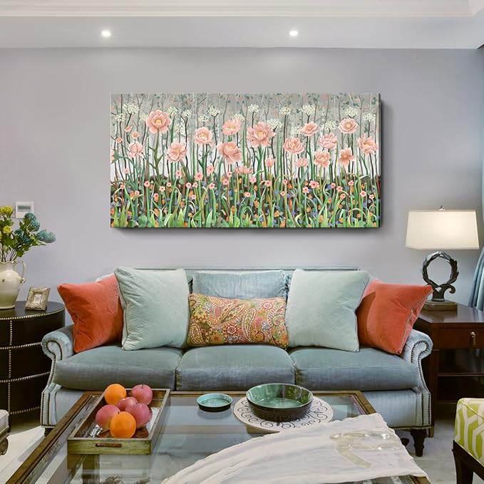 Extra Large Rustic Landscape Plant Wall Art For The Living Room, Pink And Green Natural Floral Canvas Art Print, Warm And Soothing Modern Wall Decor Picture For Living Rooms, Lounges, Bedrooms, And Studies. 58X29 Inches.