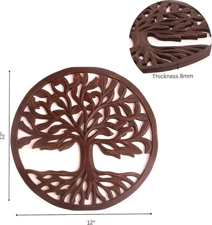 Intricately Handcrafted Decorative Wooden Wall Panel Hanging Sculpture Statue Plaque Art Home Living Room Office Decor Accent Designer Boho Farmhouse Tree Of Life Decor, 12 Inch, Round, Rustic Brown