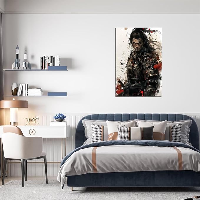 Samurai Canvas Wall Art Japanese Samurai Painting Prints Warrior Katana Picture Bushido Artwork for Bedroom Living Room Office Home Decoration Framed Ready to Hang (28''W x 44''H)