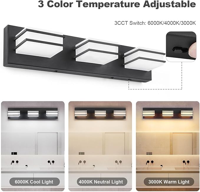 GOODATE 3 Color Temperature Dimmable Bathroom Light Fixtures Over Mirror, LED Black 3 Light Vanity Lighting Fixtures, Acrylic Stainless Steel Square Shade Vanity Lights for Bathroom, ETL Certificated