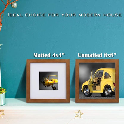 Egofine 8x8 Picture Frames 4 Pack Covered by Plexiglass, for Picture 4x4 with Mat or 8x8 whitout Mat Made of Solid Wood for Table Top Display and Wall Mounting Photo Frame, Light Brown