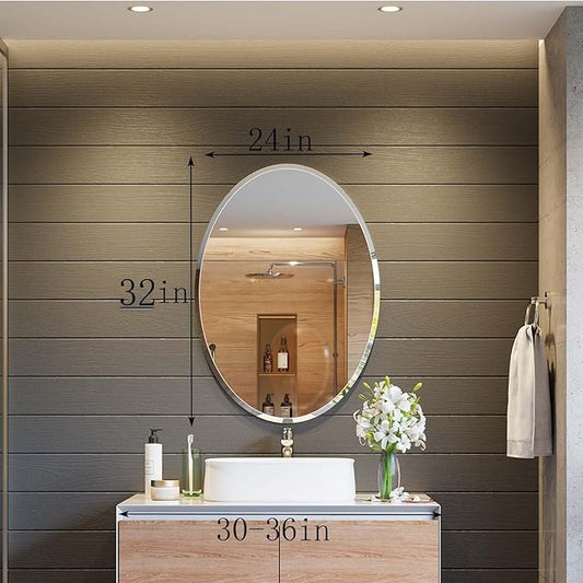Frameless Oval Mirror, 24x32 Inch Beveled Bathroom Mirrors for Over Sink, Tempered Glass Oval Mirrors for Vanity, Living Room, Bedroom, Entryway