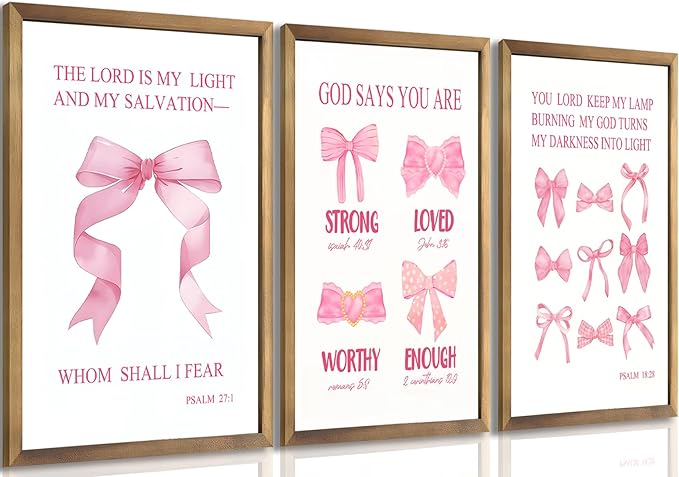 JBZDD Christian Pink Bow Wall Art Posters Set of 3 Unframed Inspirational Bible Verse Quotes Prints for Girls Room College Dorm Bathroom Bedroom Living Room Decor 12x16in