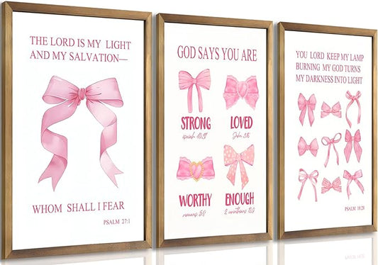 JBZDD Christian Pink Bow Wall Art Posters Set of 3 Unframed Inspirational Bible Verse Quotes Prints for Girls Room College Dorm Bathroom Bedroom Living Room Decor 12x16in