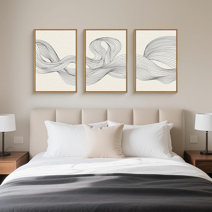 HPNIUB Neutral Abstract Beige Wave Framed Wall Art Set,Minimalist Black Line Wave Wall Decor,Modern Geometric Art Print,Boho Textured Artwork for Living Room, Bedroom,Office-24 x36 x3