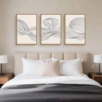 HPNIUB Neutral Abstract Beige Wave Framed Wall Art Set,Minimalist Black Line Wave Wall Decor,Modern Geometric Art Print,Boho Textured Artwork for Living Room, Bedroom,Office-16''x24''x3