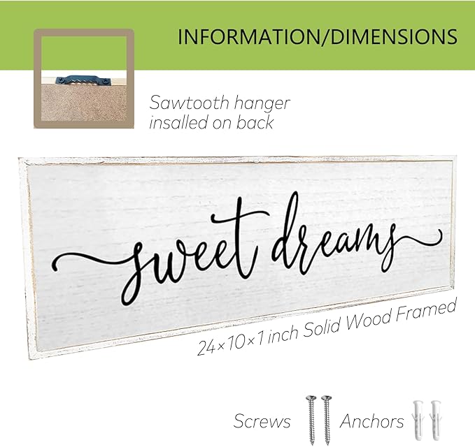 Sweet Dreams Wall Decor Above Bed Sign 24''×10'' Large Wood Framed Master Bedroom Guest Room Sweet Dreams Signs Farmhouse Rustic Wall Art Decoration (White)