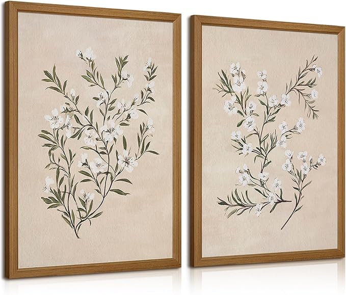 Vintage Botanical Wall Art Neutral Floral Prints Farmhouse Flower Canvas Wall Decor Watercolor Wildflower Pictures Nature Minimalist Artwork for Living Room Bedroom 16x24 Inch Wood Framed Set of 2