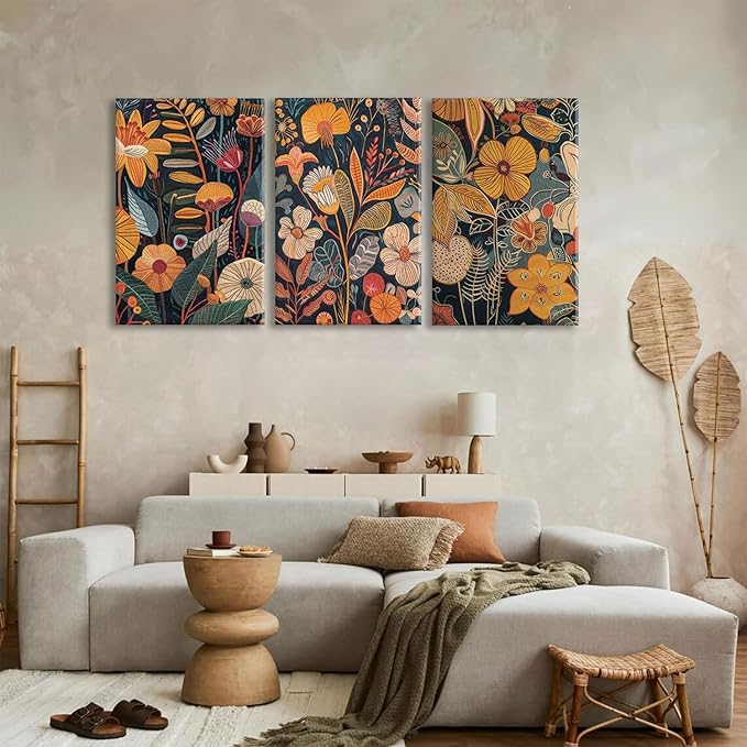 TBKHUDBI Burnt Orange Floral Canvas Wall Art,Mid Century Modern Wall Decor,Boho Terracotta Flower Picture Prints Poster Painting Artwork Set Of 3 For Living Room Bedroom Office 16X24 Framed