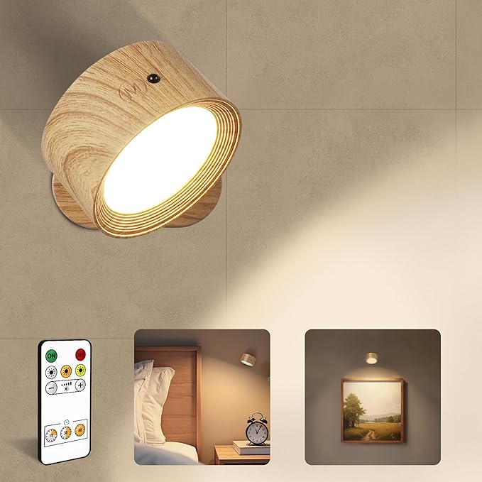 LED Wall Mounted Lights, Rechargeable Wall Sconces Lamp, 3 Color Temps & Remote and Touch, 360°Rotation Dimmable Cordless Wall Light for Study Bedroom Reading Bedside(Wood, 1 Pack)