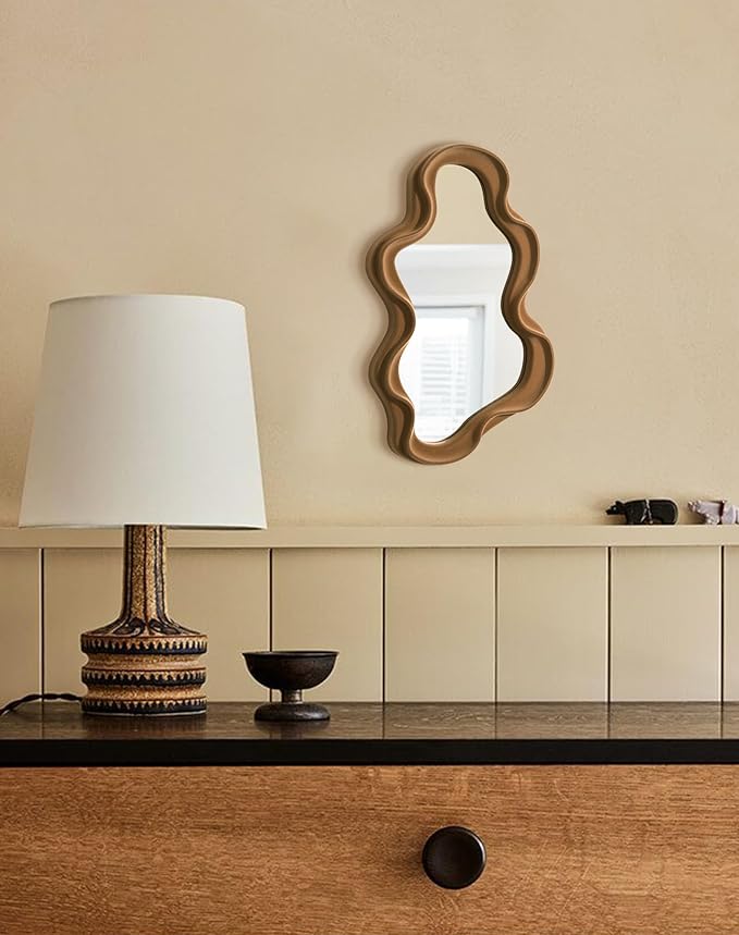 Irregular Wall Mirror Living Room Decor, Cloud Decorative Mirrors with Flocking Touch, Modern Wavy Mirror for Hallway Entryway Staircase Bedroom, Over the Door Wall Art Decoration (Brown)