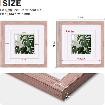 Egofine 8x8 Picture Frame 4PCS, Made of Solid Wood Covered by Plexiglass Display 4x4/6x6 with Mat or 8x8 without Mat, for Table Top Display and Wall Mounting Photo Frame, Peach Pink