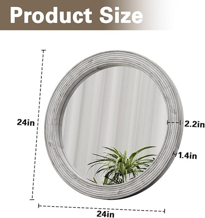 ULIKE Round Mirror for Bathroom 24x 24 Inch, Farmhouse Rustic Wood Frame Wall Mirror, White Vanity Circle Mirror for Bedroom Living Room Entryway Decor