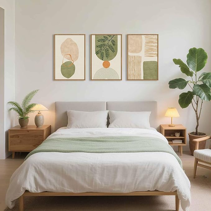Celestdeco Large Boho Sage Green Framed Canvas Wall Art Set,Abstract Minimalist Geometric Line Wall Decor,Modern Mid Century Beige Leaf Artwork for Living Room,Bedroom,Dining Room,Office-24 x36 x3