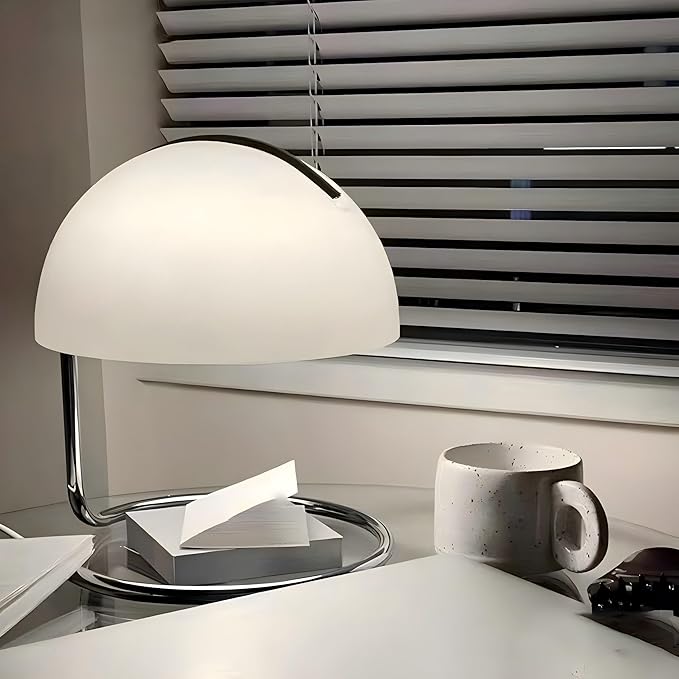LIGHTLAND Modern Table Lamp, 8.7 Inch Bauhaus Style Semicircle Shape Bedside Lamp with Glass Shade and Metal Lamp Body, Glass Table Lamp for Study, Bedroom, Living Room (Pack of 1, White)