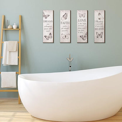 Qunclay 4 Pcs Butterfly Wall Decor Wooden Bathroom Sign Believe Faith Dream Love Inspirational Quote Wooden Rustic Art Accessories Butterfly Wood Decor 11 x 4 Inch for Home Wall Bathroom Bedroom