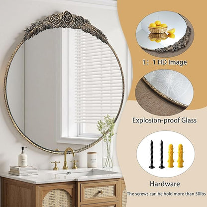 Growsun Round Wall Mirror with Vintage Black Floral Frame – 24 Inch Decorative Wall Mirror for Living Room, Bedroom, Entryway, Bathroom Vanity – Elegant Antique Accent Home Décor