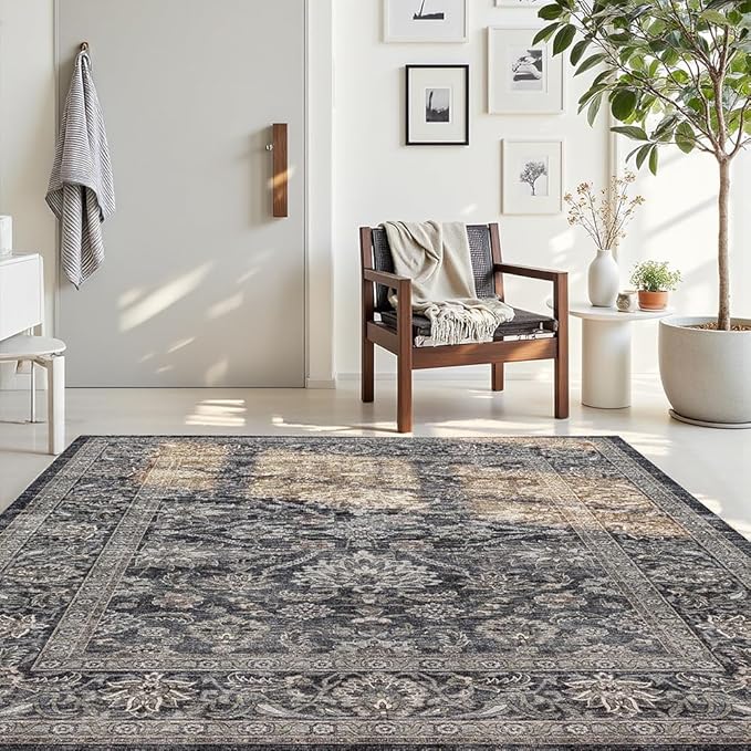8x10 Area Rugs Grey and Blue Washable Rug for Living Room, Dining Room, Bedroom, Large Carpets, Non Slip & Non-Shedding Low Pile Vintage Print Rug for Home Office Decor