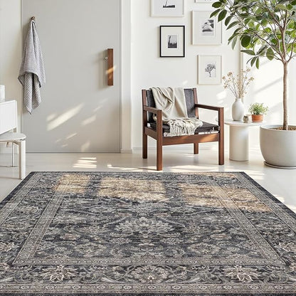 8x10 Area Rugs Grey and Blue Washable Rug for Living Room, Dining Room, Bedroom, Large Carpets, Non Slip & Non-Shedding Low Pile Vintage Print Rug for Home Office Decor