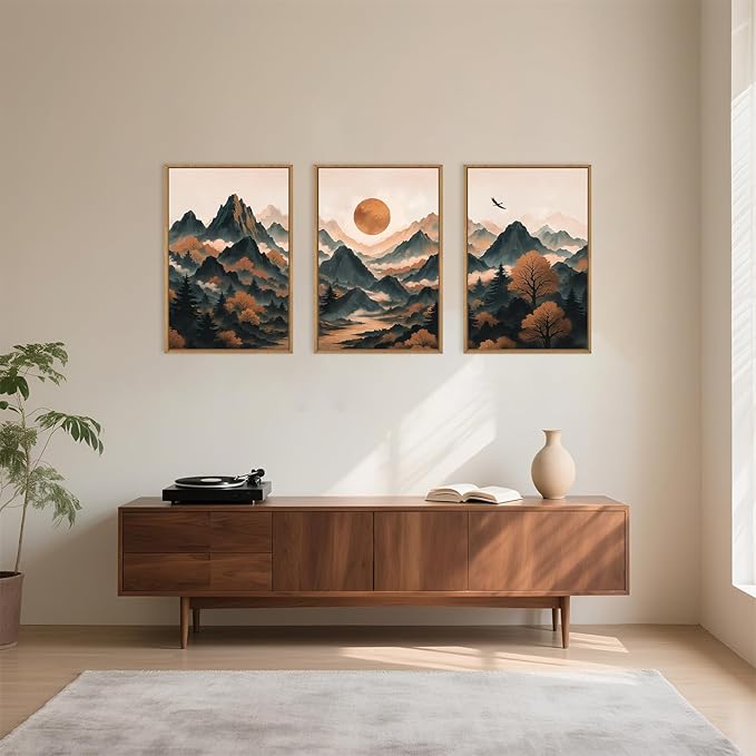 Celestdeco Large Boho Mountain Framed Canvas Wall Art Set,Brown Ridge Landscape Wall Decor,Pine Tree Scenery Wall Painting,Sunrise Abstract Wilderness Art Print for Living Room,Bedroom,Office-24"X36"X3