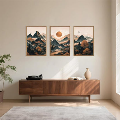 Celestdeco Large Boho Mountain Framed Canvas Wall Art Set,Brown Ridge Landscape Wall Decor,Pine Tree Scenery Wall Painting,Sunrise Abstract Wilderness Art Print for Living Room,Bedroom,Office-24"X36"X3