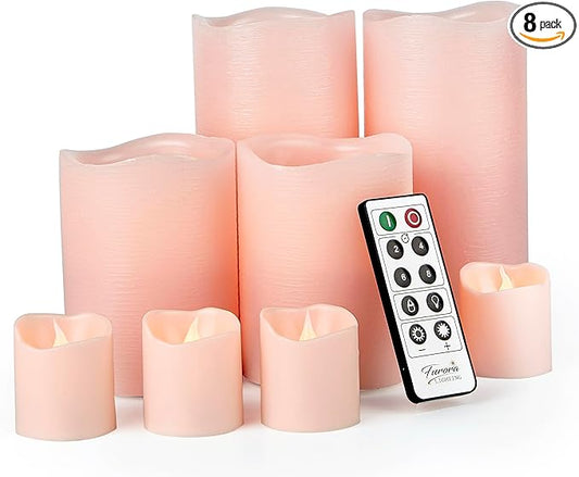 FURORA LIGHTING Pink Flameless Candles - Real Wax, Adjustable Brightness, Remote & Timer - 4 Pillars (3x4, 3x6) and 4 Votives, 8-Pack, Battery Operated