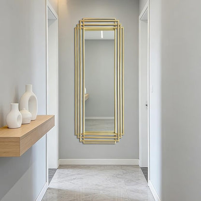 Geometric Wall Mirror, 63"x24" Large Rectangle Mirror with Gold Metal Frame, Modern Elegant Art Deco Mirror for Living Room Bedroom Entryway Hallway, Hangs Vertically or Horizontally