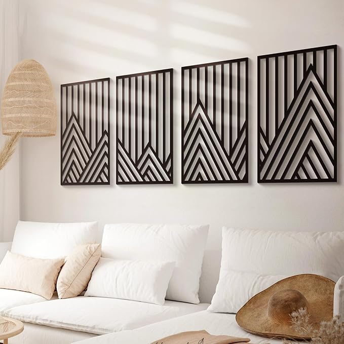 Glamativity 4 Pack Black Abstract Metal Wall Art, Minimalist Décor Single Line Art Wall Décor, 3D Textured Metal Wall Sculptures, for Living Room Bedroom Bathroom Study Room (Mountain Line, L Size 22.5 x 15.7'')