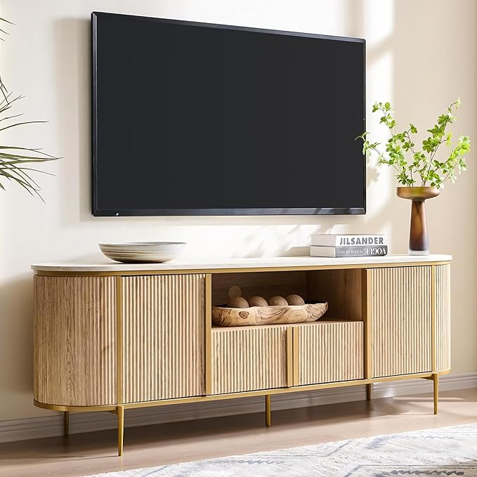 OKD Luxury 70" Fluted TV Stand, Modern Chic Entertainment Center for TVs Up to 80 inches, TV Console with Faux Marble Top, Curved Profile Design, Media Console for Living Room, Natural Oak