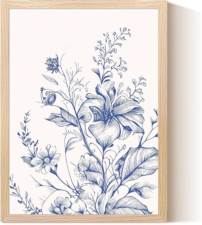 Blue Floral Canvas Wall Art, Blue Line Flower Wall Decor, Blue White Chinoiserie Wildflower Pictures Prints Minimalist Botanical Artwork for Bedroom Living Room Bathroom Kitchen 8x10 in Framed