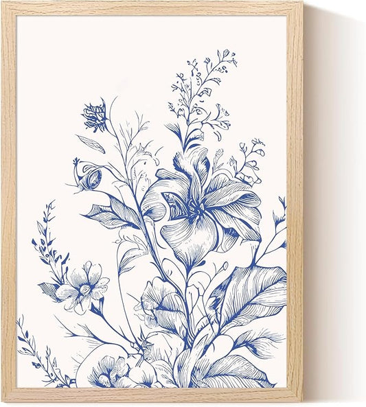 Blue Floral Canvas Wall Art, Blue Line Flower Wall Decor, Blue White Chinoiserie Wildflower Pictures Prints Minimalist Botanical Artwork for Bedroom Living Room Bathroom Kitchen 8x10 in Framed