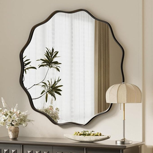 VooBang Black Scalloped Circle Mirror, 30" Wavy Edge Round Wall Mirror with Tempered Glass Textured Circular Metal Deep Frame, Hanging Leaning for Bathroom, Hallway, Entryway, Livng Room