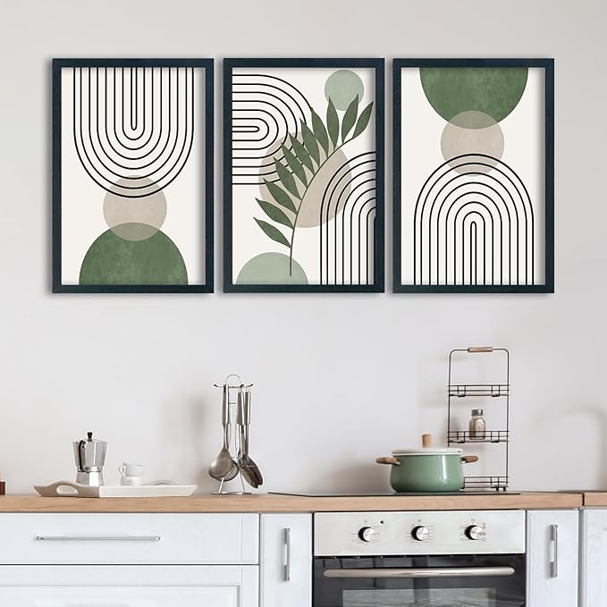 SRSZHIYUE Green Sage Boho Wall Art 16"×11" Set of 3 Abstract Framed Prints Modern Farmhouse Minimalist Geometric Line Leaf Bathroom Sign for Family Living Room Pictures Office Wall Hang Decor (Black)