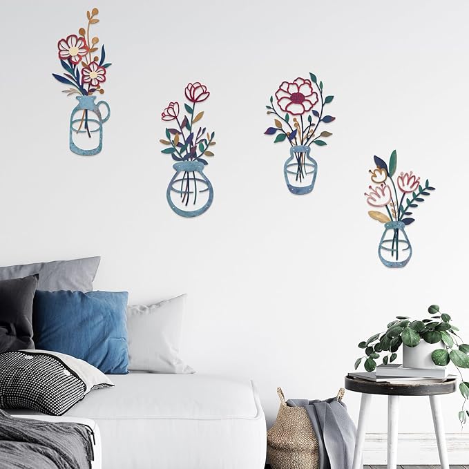 4PCS Metal Flowers Wall Arts Rustic Farmhouse Decor Minimalist Flower Wall Decors Metal Floral Wall Art for Living Room Bathroom Bedroom Dining Room (Multicolored)