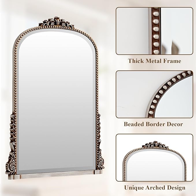 28"×40" Silver Wide Arched Wall Mirror, Vintage Carving Bathroom Vanity Makeup Mirror, as Wall Decor Hanging Leaning for Fireplace Mantle, Living Room, Bedroom, Vanity Area
