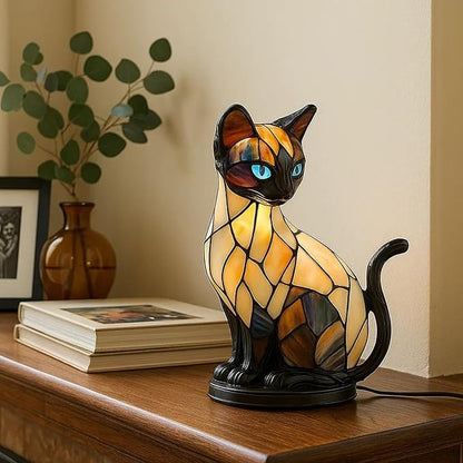 Cat Lamp, Stained Glass Cat Lamp, Decorative Resin LED Night Light for Cat Lovers, USB Vintage 3D Table Lamp Cozy Glow for Desk & Mantel – Fun Gift for Pet Owners (Siamese Cat A)
